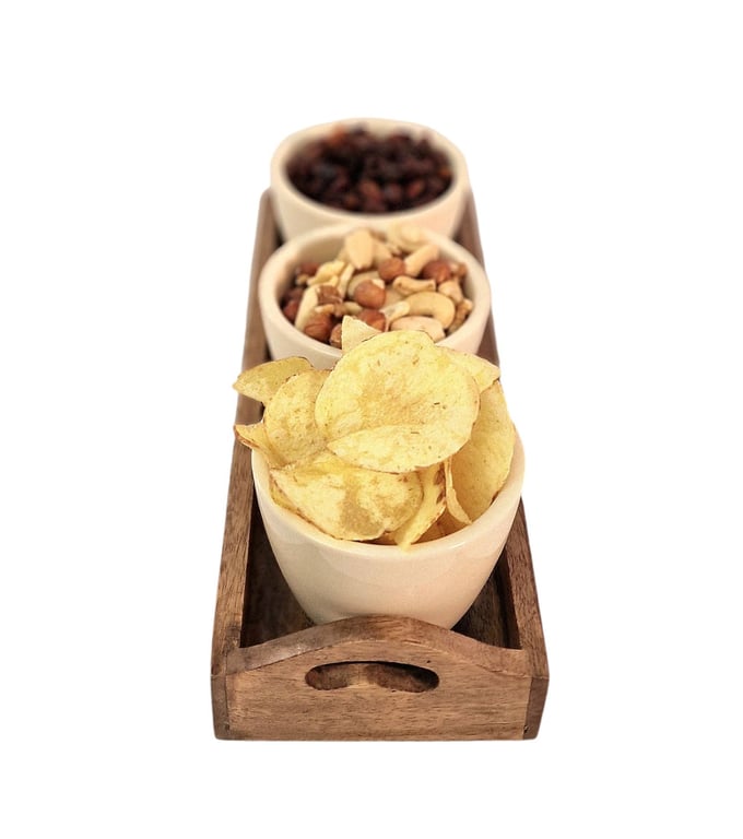 Country Cottage Collection - 3 Handcrafted Ceramic Snack Bowls with Mango Wood Tray