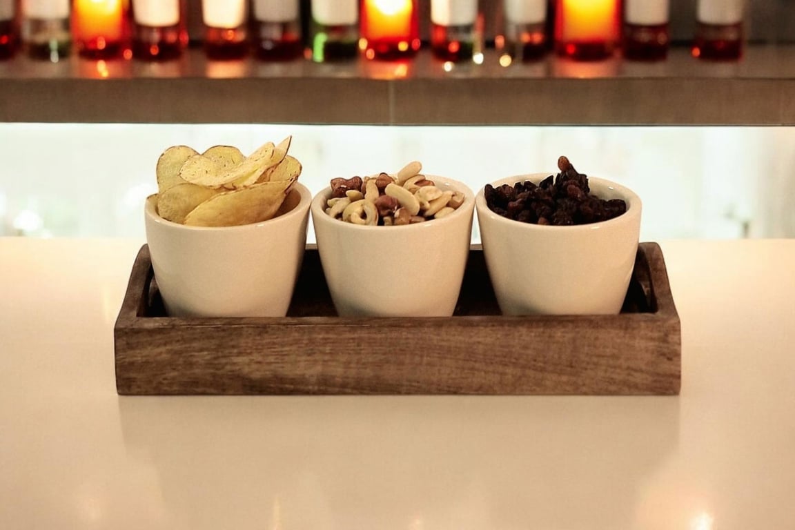 Country Cottage Collection - 3 Handcrafted Ceramic Snack Bowls with Mango Wood Tray