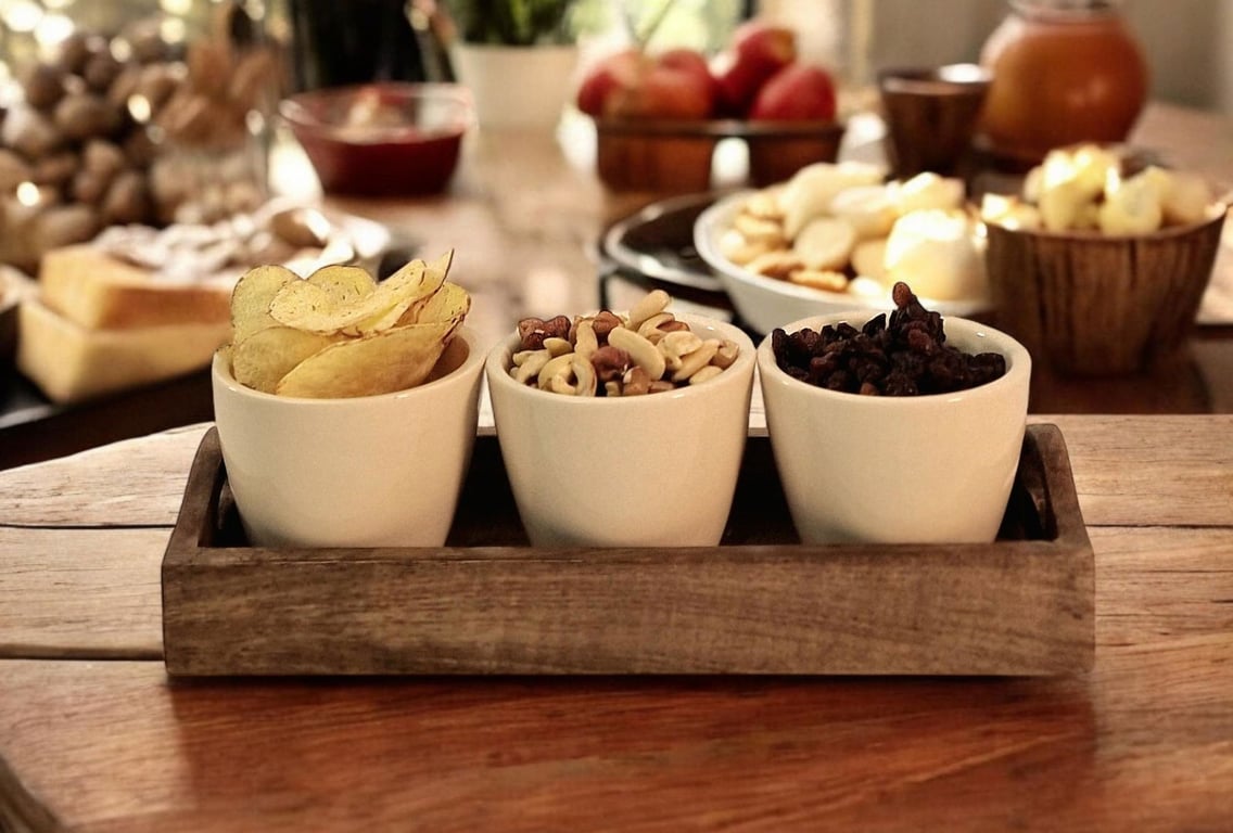 Country Cottage Collection - 3 Handcrafted Ceramic Snack Bowls with Mango Wood Tray