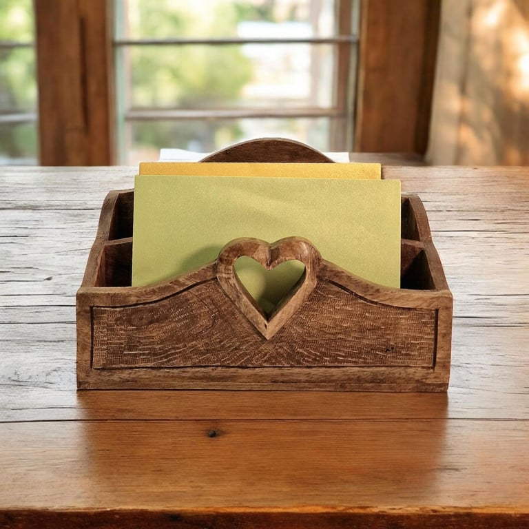 Mango Wood Letter Rack with Heart Design - Handcrafted, Sustainable Home Decor