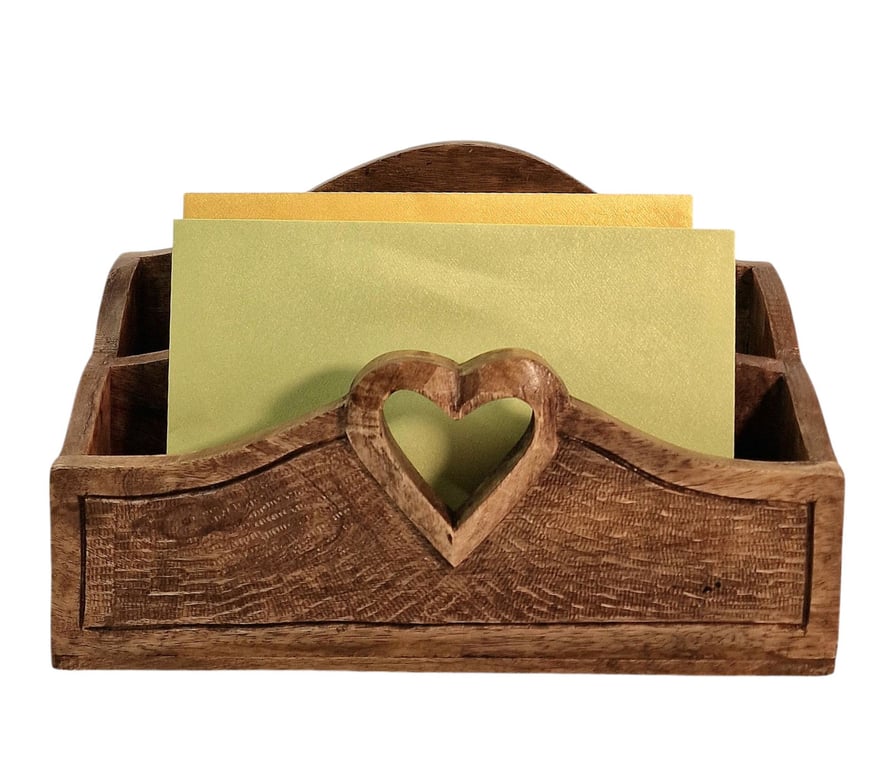 Mango Wood Letter Rack with Heart Design - Handcrafted, Sustainable Home Decor