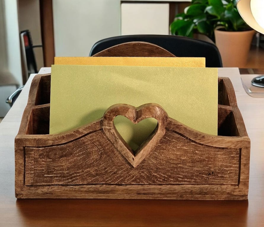 Mango Wood Letter Rack with Heart Design - Handcrafted, Sustainable Home Decor