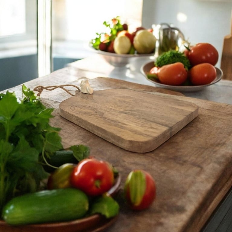 Large Mango Wood Chopping Board with Hand-Painted Ceramic Chicken Head Design - Country Cottage Collection
