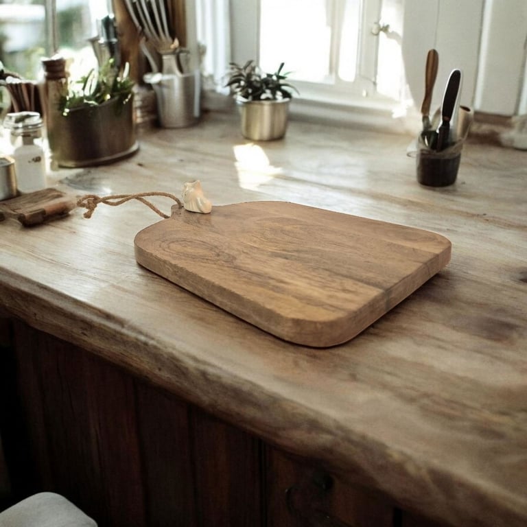 Mango Wood Chopping Board with Hand-Painted Ceramic Chicken Head - Rustic Home Decor