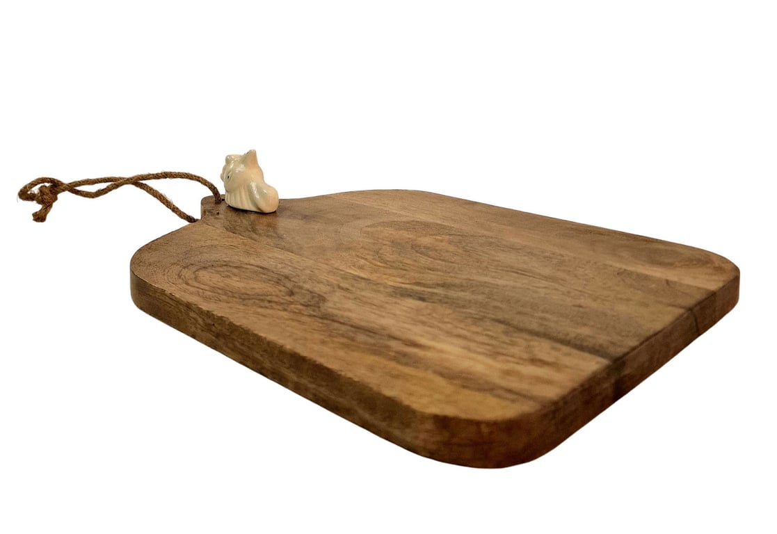 Mango Wood Chopping Board with Hand-Painted Ceramic Chicken Head - Rustic Home Decor