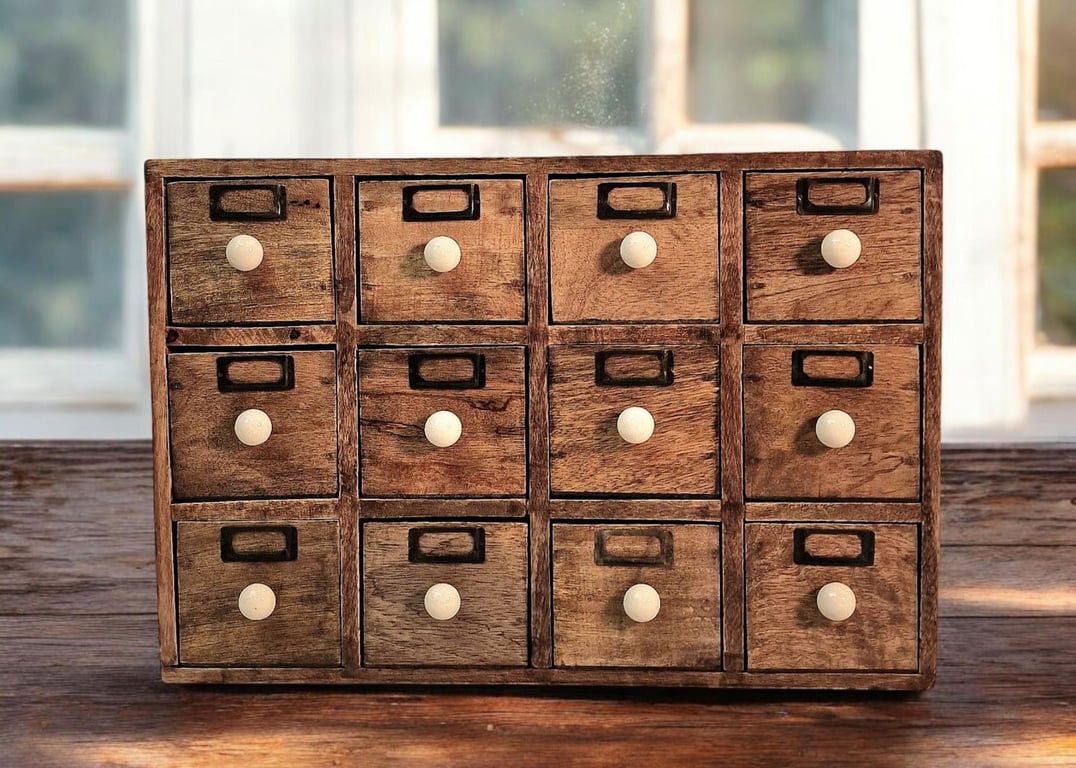Mango Wood 12 Drawer Trinket Chest with Handcrafted Ceramic Knob Handles