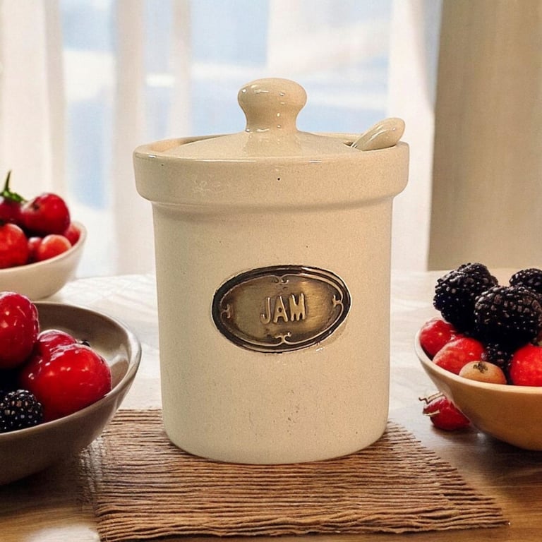 Hand-Painted Ceramic Jam Jar with Rustic Spoon - Country Cottage Collection