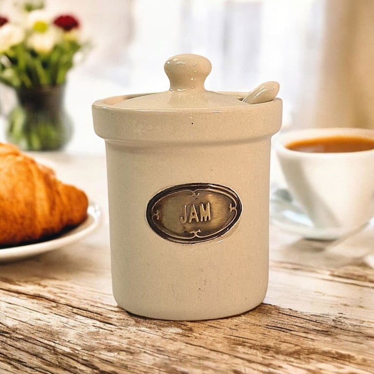 Hand-Painted Ceramic Jam Jar with Rustic Spoon - Country Cottage Collection