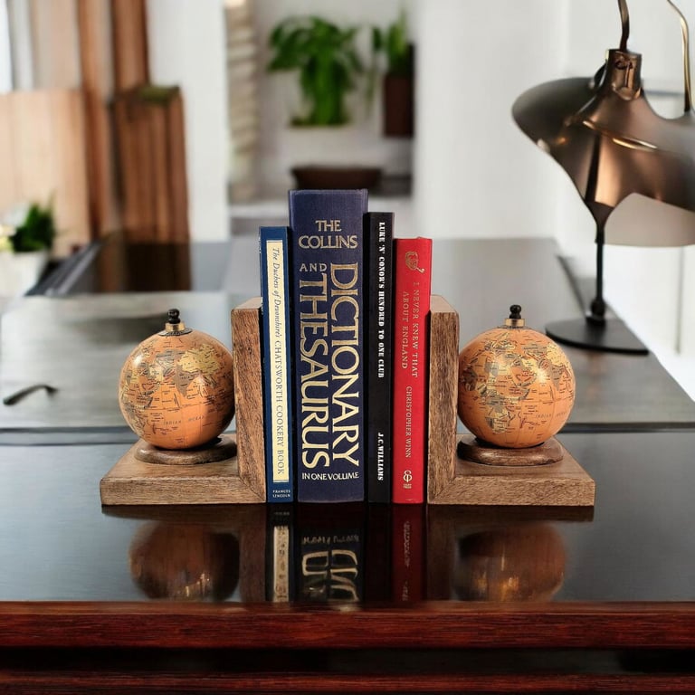 Mango Wood World Globe Bookends - Handcrafted Rustic Home Decor