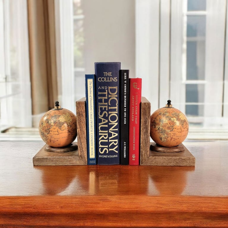 Mango Wood World Globe Bookends - Handcrafted Rustic Home Decor