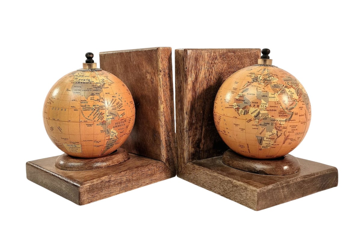 Mango Wood World Globe Bookends - Handcrafted Rustic Home Decor