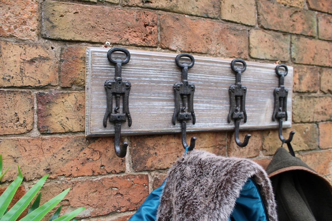 Rustic Cast Iron and Wooden Wall Hooks, Industrial Style Metal Storage and Bottle Openers