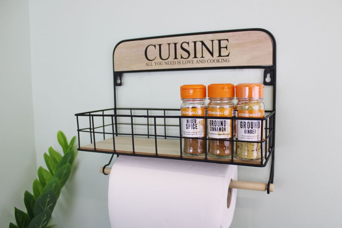 Wood and Metal Wall Hanging Kitchen Storage Unit with Roll Holder and Herb Spice Basket Shelf