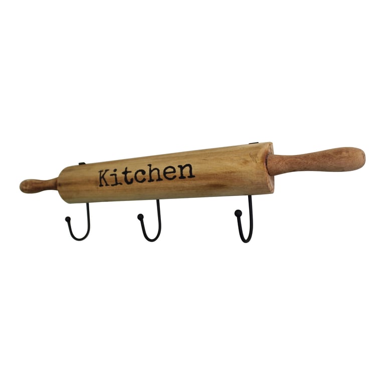 Wooden Rolling Pin Kitchen Hooks - 4 Adjustable Wall Hooks for Kitchen Organization and Storage