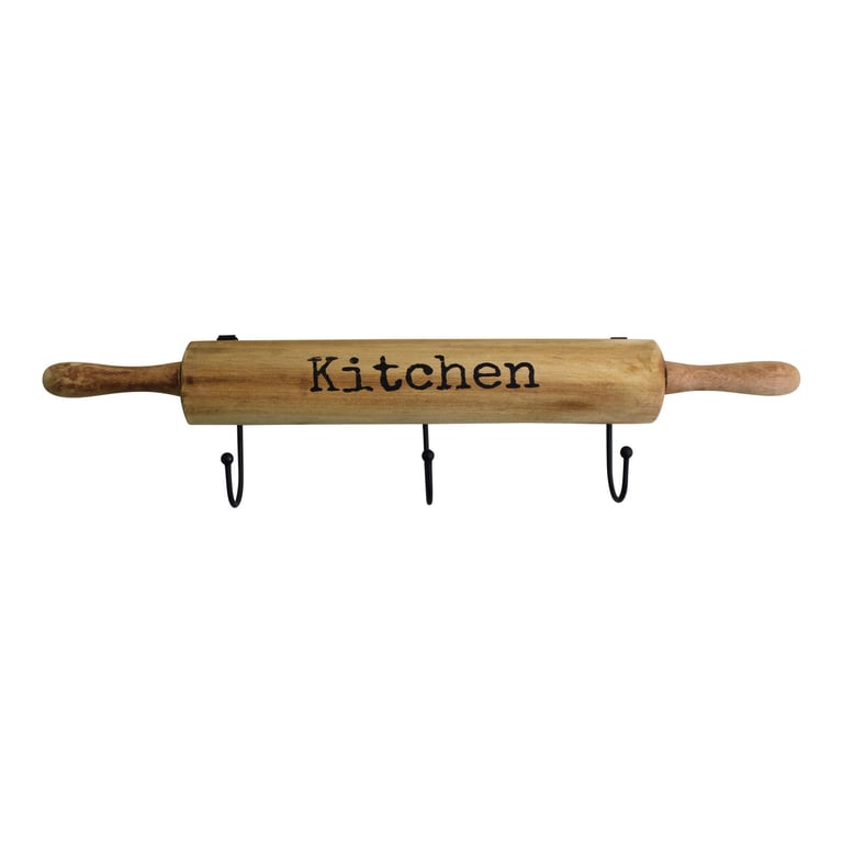 Wooden Rolling Pin Kitchen Hooks - 4 Adjustable Wall Hooks for Kitchen Organization and Storage