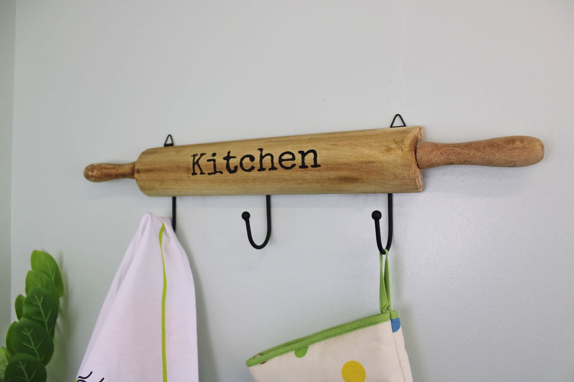 Wooden Rolling Pin Kitchen Hooks - 4 Adjustable Wall Hooks for Kitchen Organization and Storage