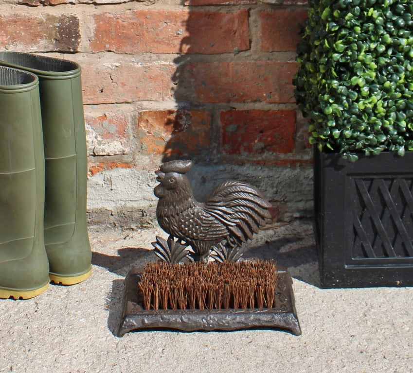 Cast Iron Cockerel Design Garden Boot Brush - Weather Resistant Outdoor Cleaner