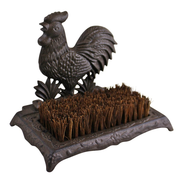 Cast Iron Cockerel Design Garden Boot Brush - Weather Resistant Outdoor Cleaner