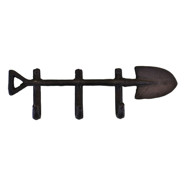 Rustic Metal Wall Hooks - Garden Spade Design, 3 Hooks, Distressed Finish