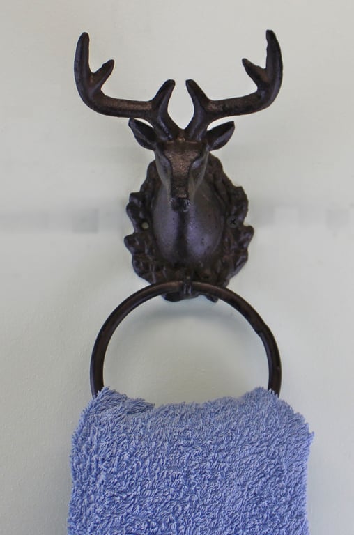 Cast Iron Rustic Towel Ring - Stag Head Design Wall Mount Holder for Bathroom Decor