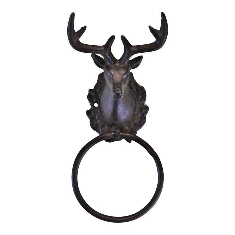 Cast Iron Rustic Towel Ring - Stag Head Design Wall Mount Holder for Bathroom Decor