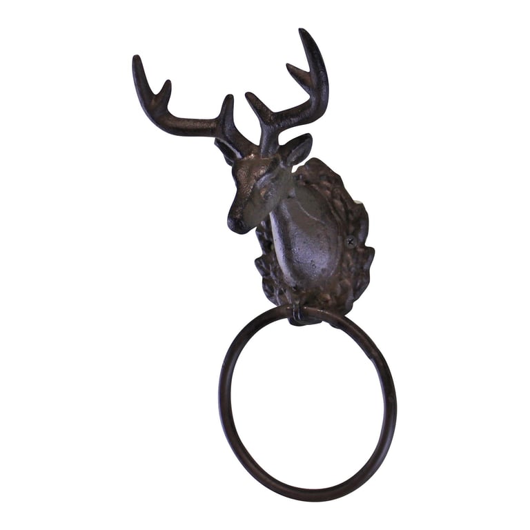 Cast Iron Rustic Towel Ring - Stag Head Design Wall Mount Holder for Bathroom Decor