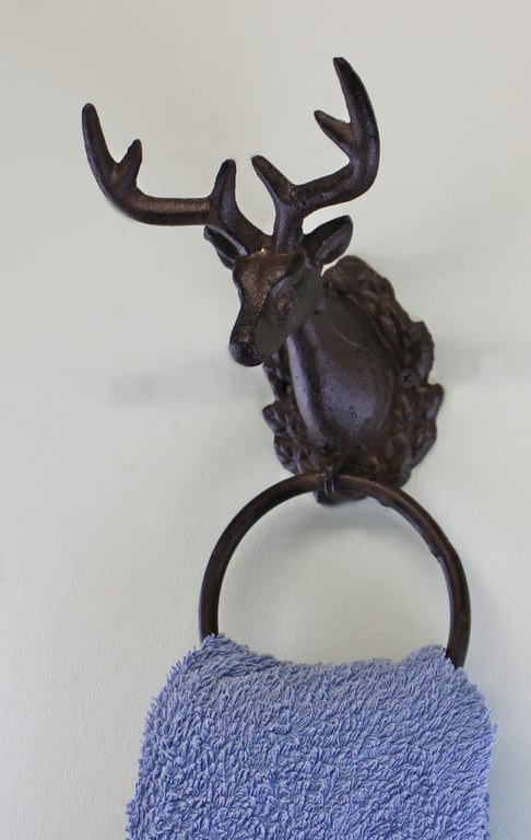 Cast Iron Rustic Towel Ring - Stag Head Design Wall Mount Holder for Bathroom Decor