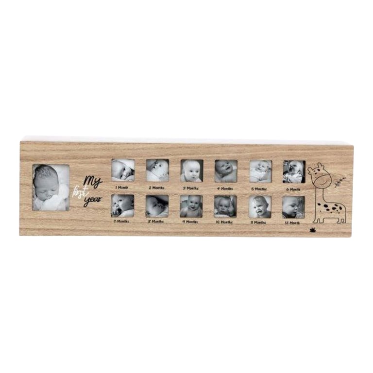 Baby 1st Year Wooden Photo Frame with Giraffe - Natural Wood & MDF Construction, 9x7 Inch Photo Area and 12 Small Inset Frames