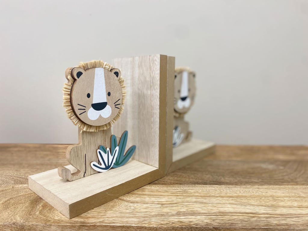 Wooden Cartoon Lion Bookends - Natural Wood Home Decor Accessories