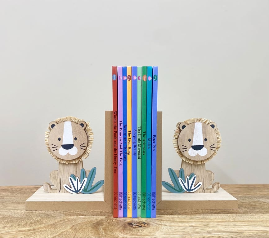 Wooden Cartoon Lion Bookends - Natural Wood Home Decor Accessories