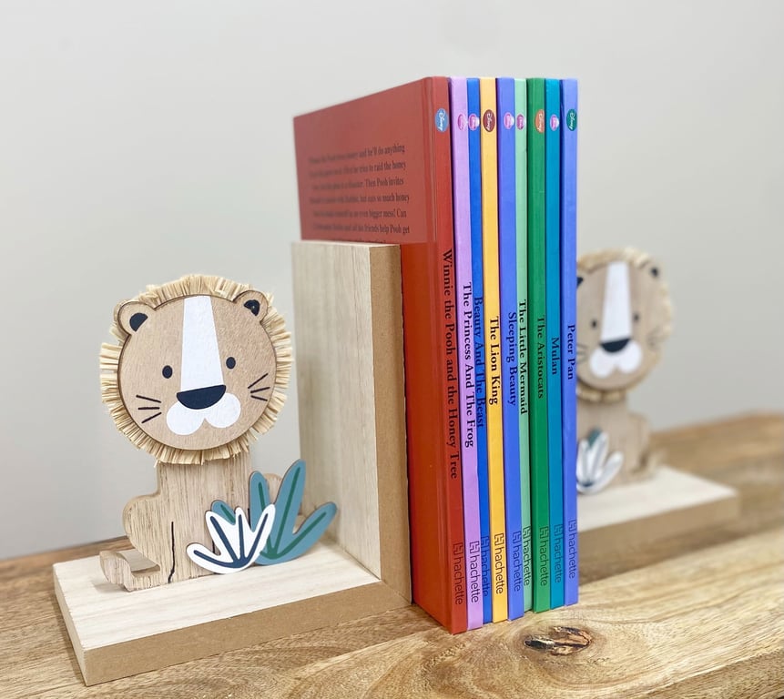 Wooden Cartoon Lion Bookends - Natural Wood Home Decor Accessories