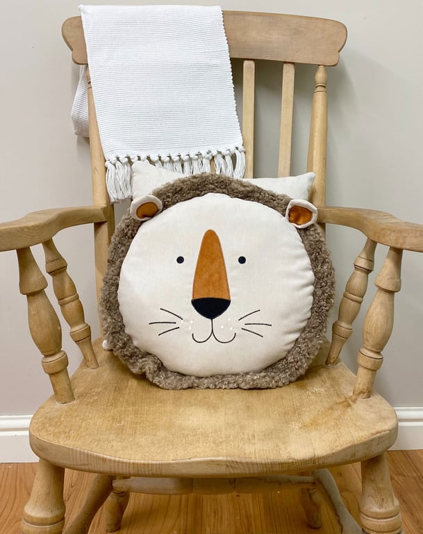 Embroidered Lion Face Faux Fur Scatter Cushion 40cm
