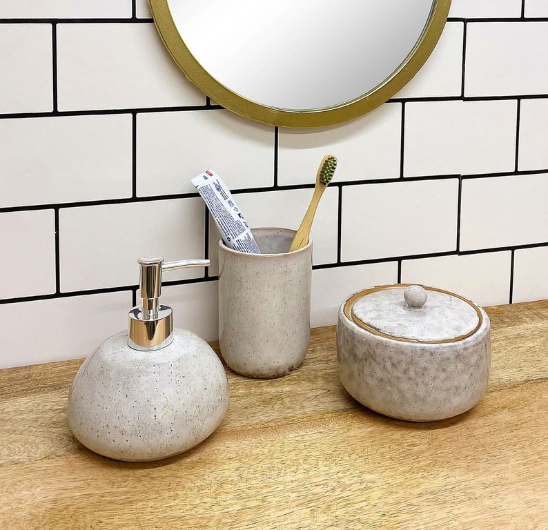 Taupe Ceramic Pot With Lid - Stone-Effect Bathroom Storage Solution