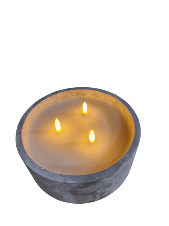 LED Cement Circular Candlepot - Realistic 3 Wick Indoor/Outdoor LED Candle