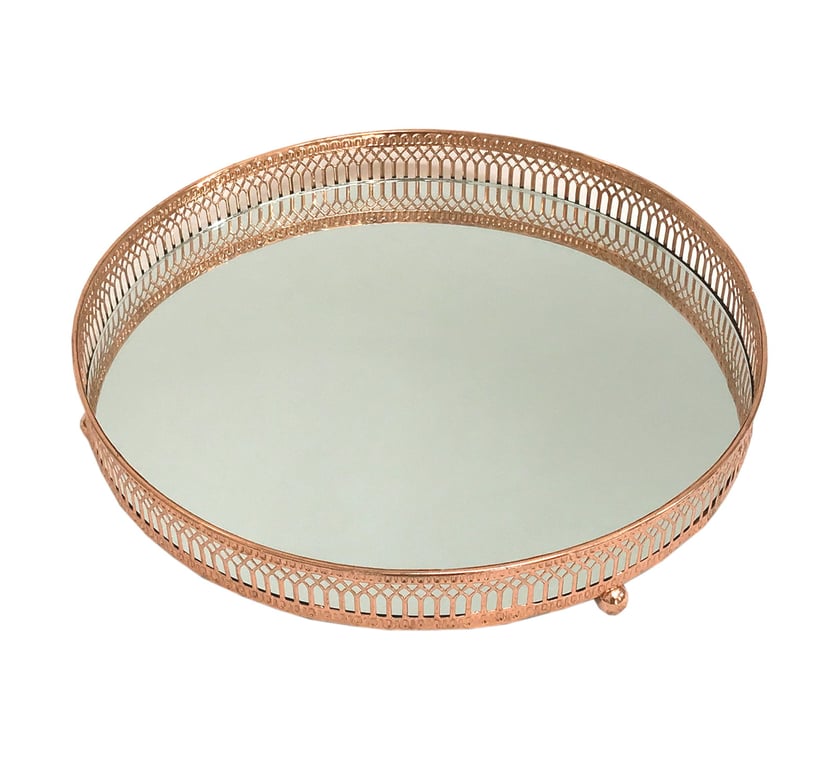 Copper Coloured Mirror Candle Plate - Elegant Copper Filigree Design & Mirrored Base