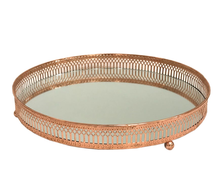 Copper Coloured Mirror Candle Plate - Elegant Copper Filigree Design & Mirrored Base