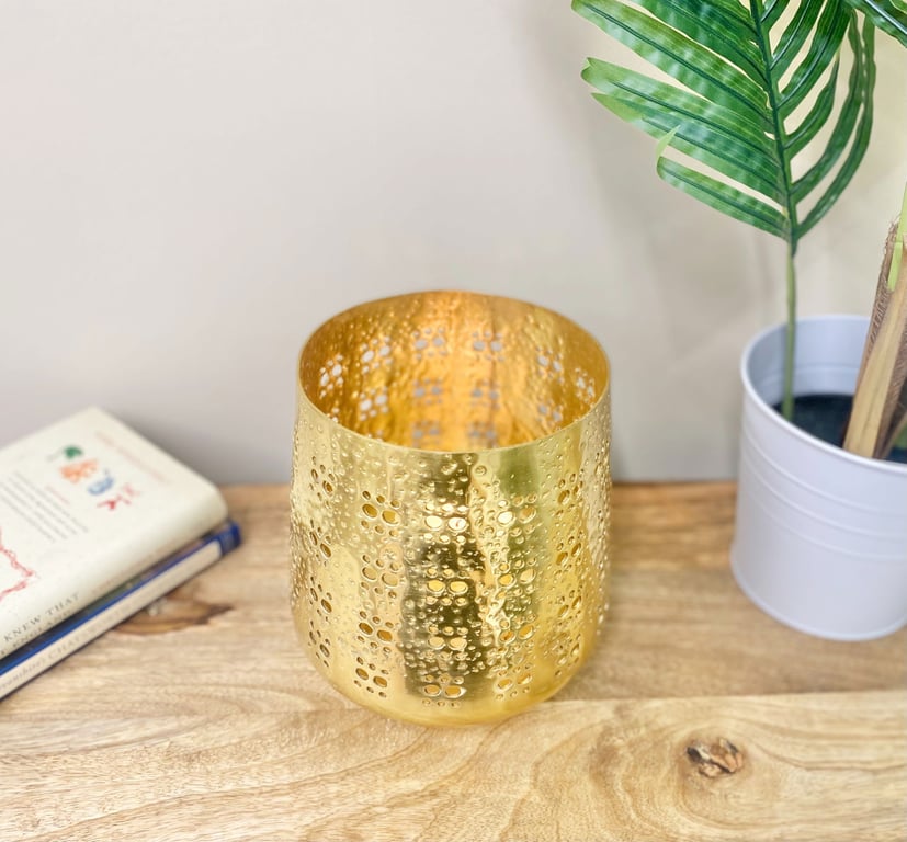 Large Moroccan Gold Candle Holder with Hammered Metal Design
