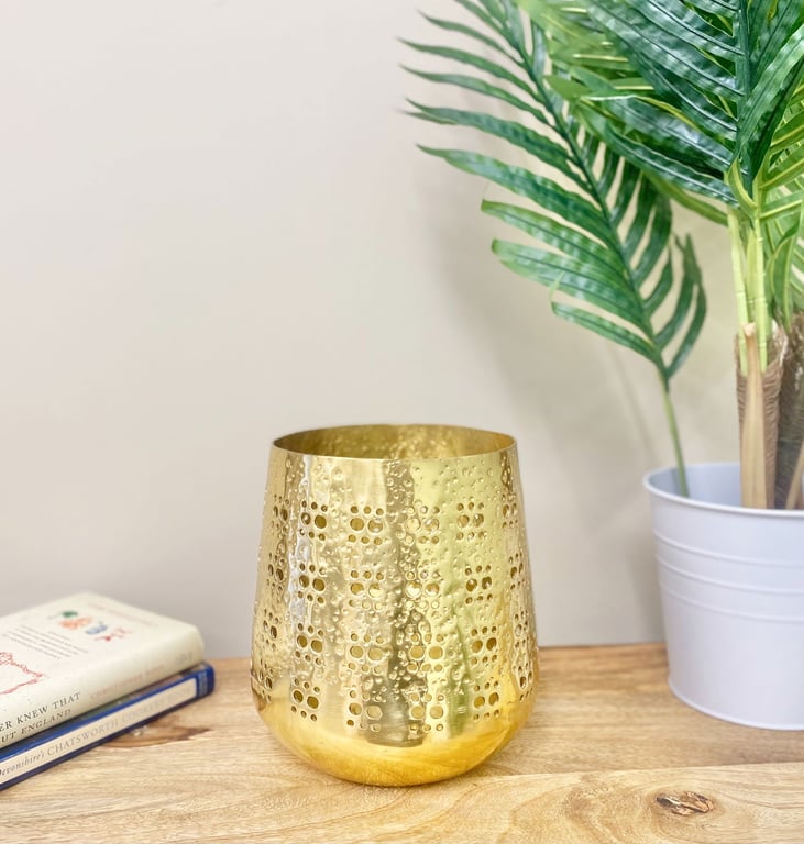Large Moroccan Gold Candle Holder with Hammered Metal Design