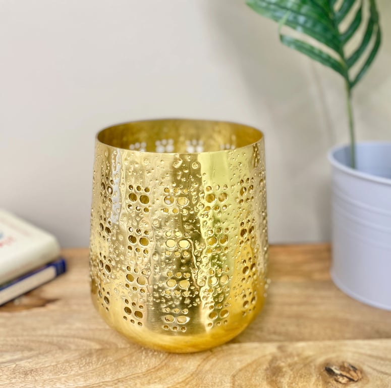 Large Moroccan Gold Candle Holder with Hammered Metal Design