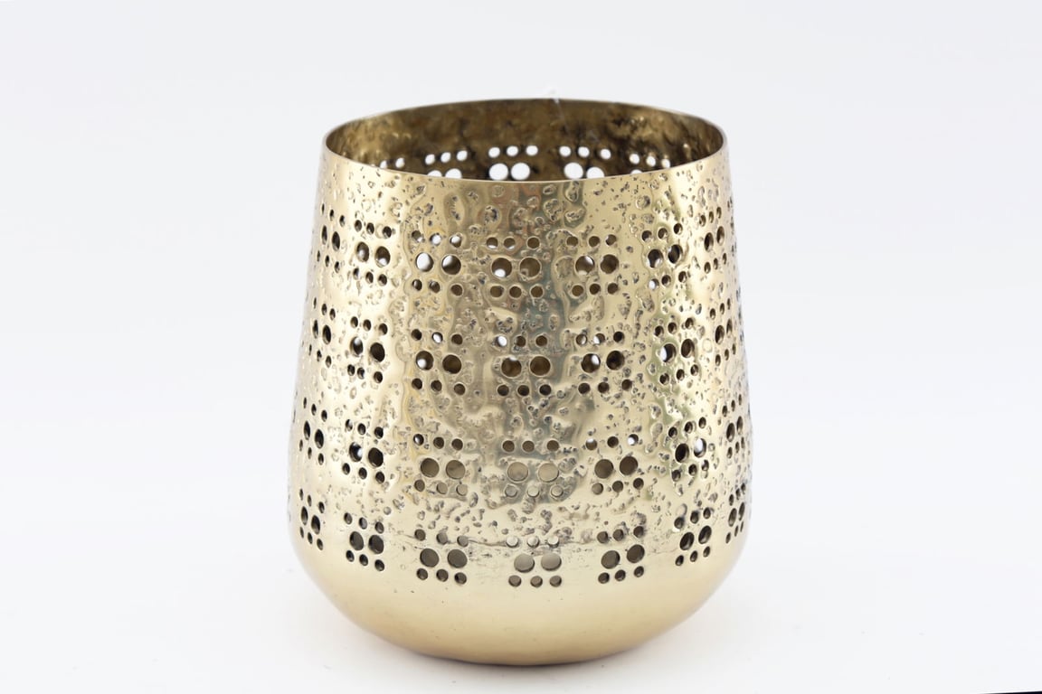 Large Moroccan Gold Candle Holder with Hammered Metal Design