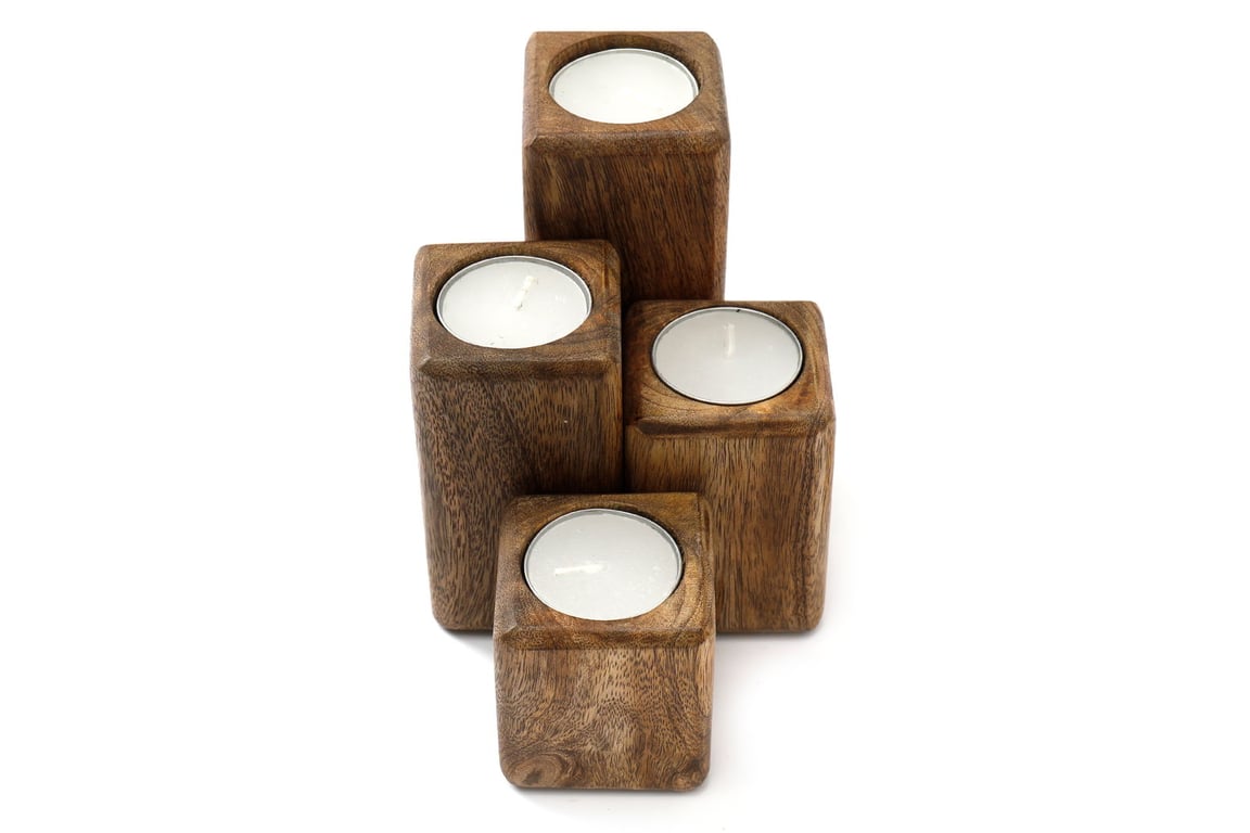 Mango Wood Tealight Holders - Set of 4 Multi-Sized Natural Wooden Candle Holders for Home Decor