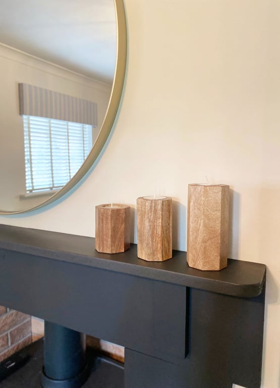 Mango Wood Hexagon Tealight Holder Set - 3 Sizes, Home Decor Essentials