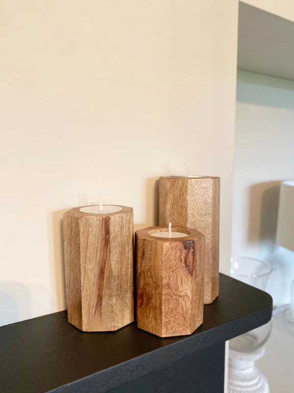 Mango Wood Hexagon Tealight Holder Set - 3 Sizes, Home Decor Essentials