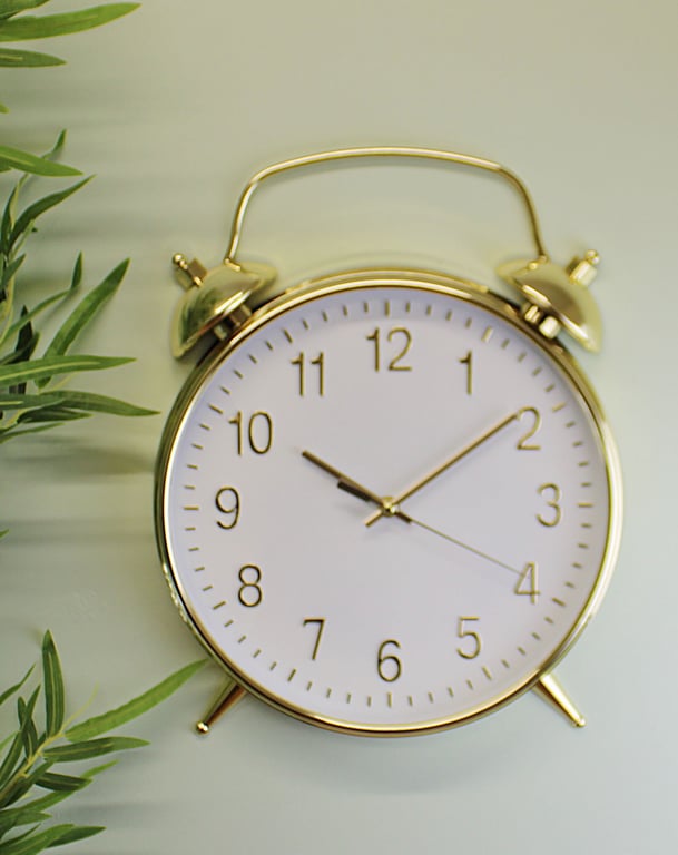 Gold and White Alarm Style Wall Clock - Polypropylene Construction, Battery Powered, 4 x 40 x 29cm
