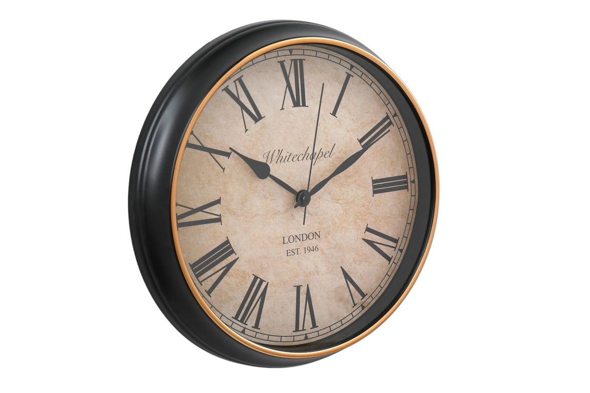 Antique Style Roman Numeral Wall Clock - Black Metal & Bronze Casing, Classic Design, 34cm Diameter