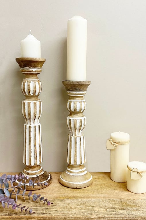 Wooden Candle Stick - Rustic Grecian Style Holder with Heat Resistant Plate