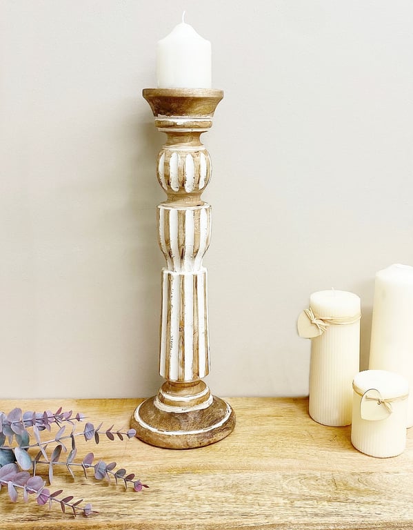 Wooden Candle Stick - Rustic Grecian Style Holder with Heat Resistant Plate
