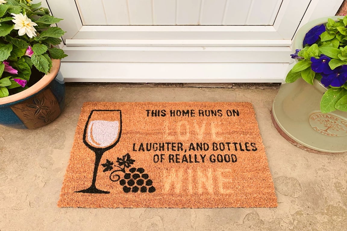 Coir Doormat - This Home Runs on Love, Laughter & Wine Humorous Home Decor Gift