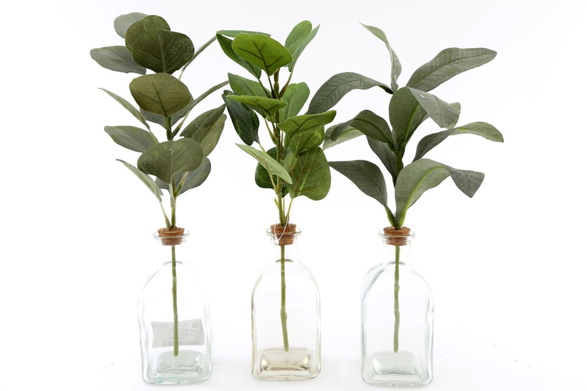 Artificial Leaf Set - 3 Square Glass Vases for Home Decor