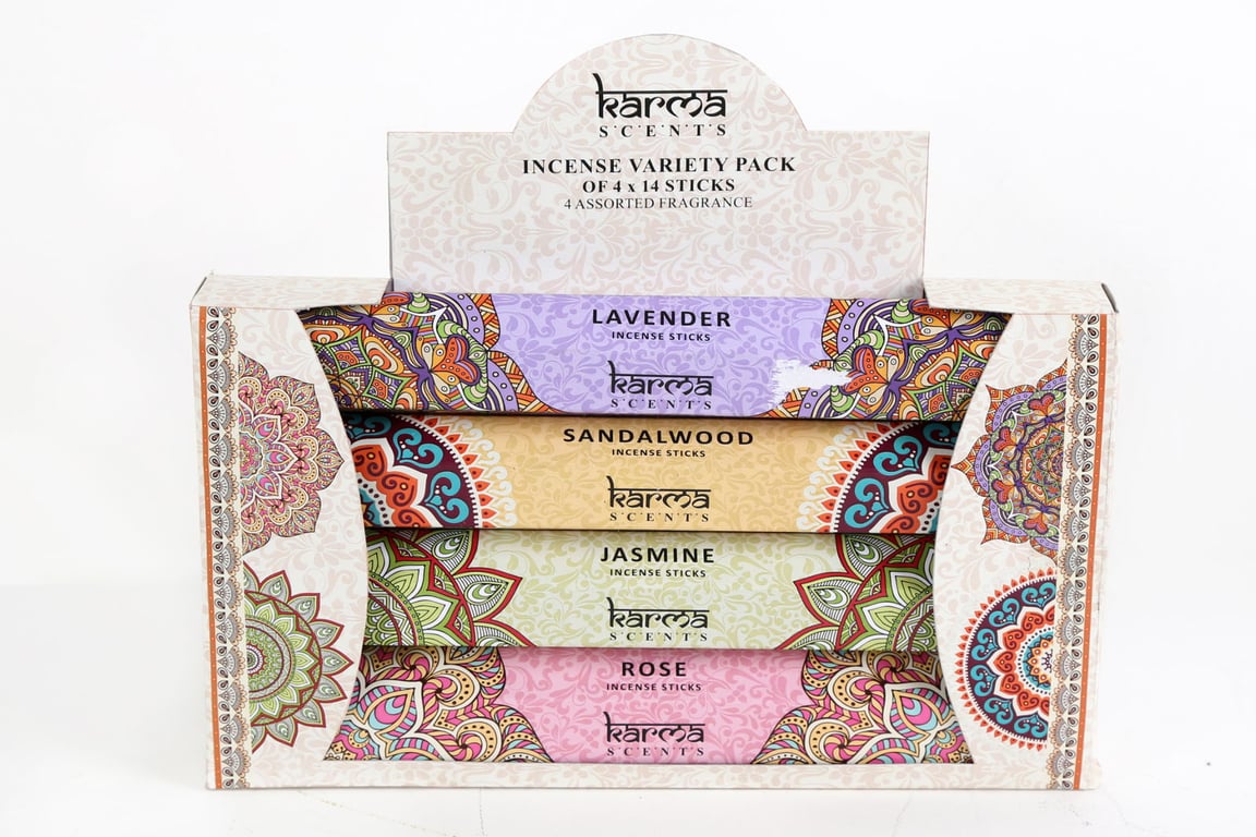 Variety Pack of Karma Incense Sticks - 56 Natural Incense Sticks in Assorted Fragrances (Rose, Jasmine, Sandalwood & Lavender)